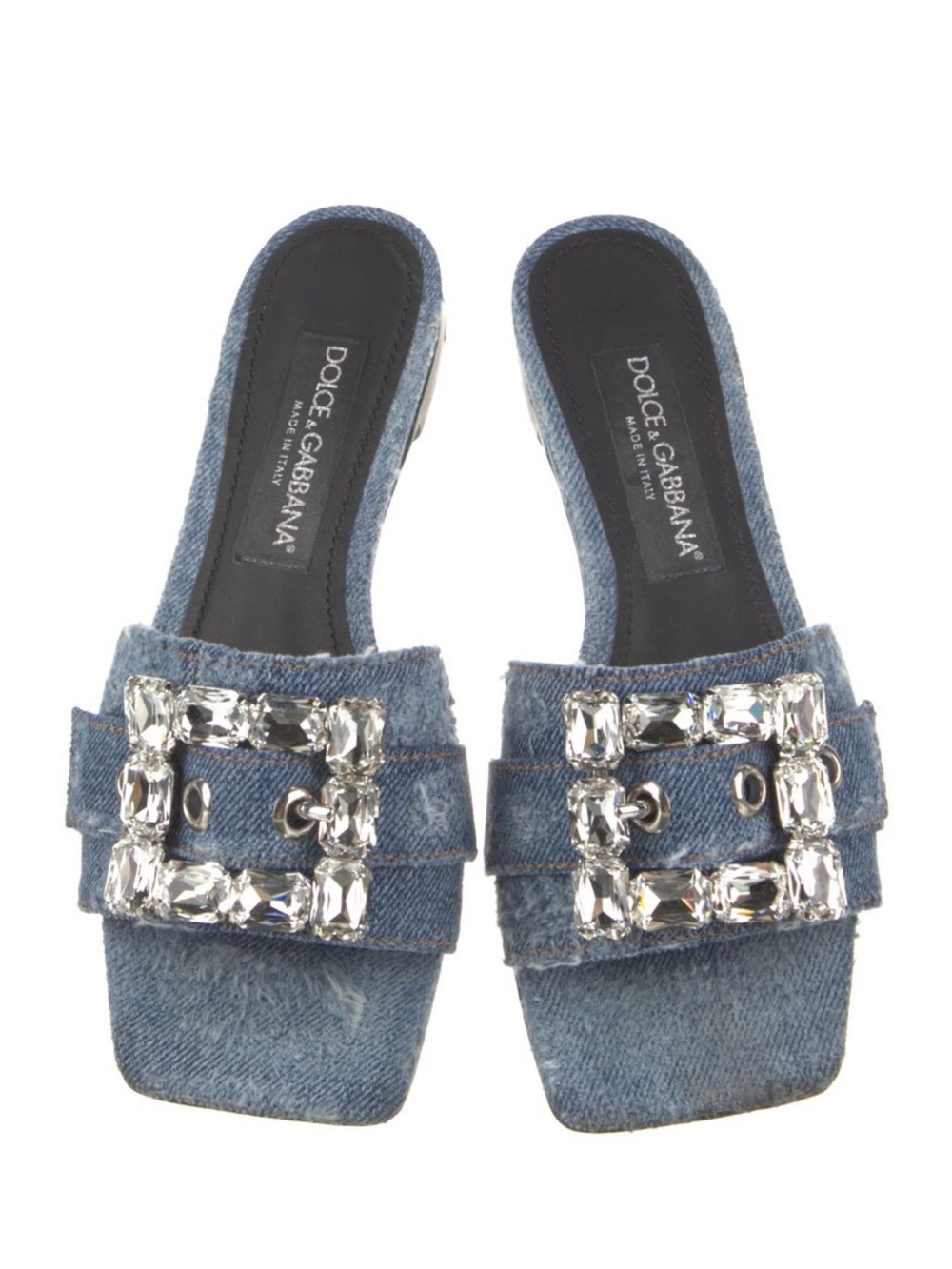 Dolce & Gabbana Denim Jeweled Buckle Slide Sandals - Blue